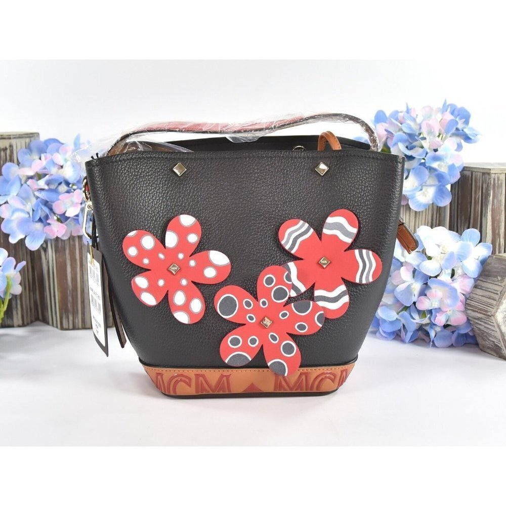 Mcm Red Black Goatskin Mini Upcycling Project Flower Milano Drawstring Bag Nwt